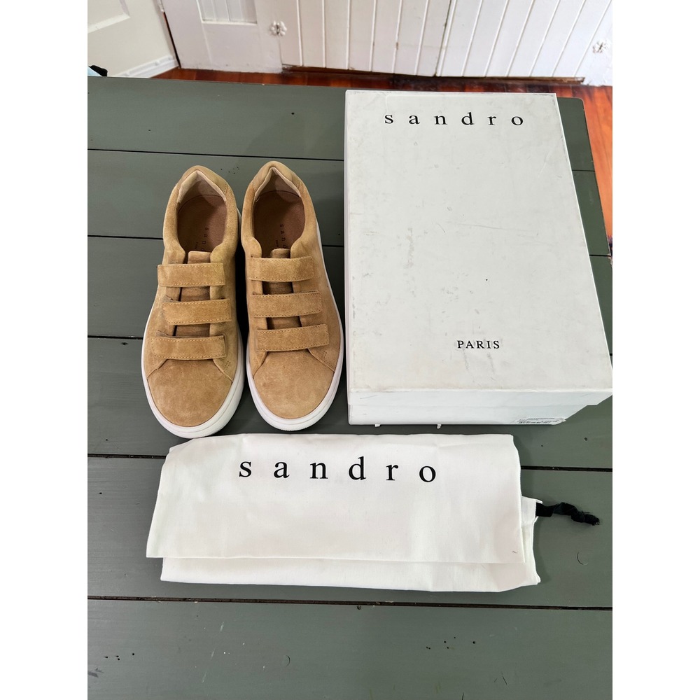 New in Box SANDRO Paris Women's Sneakers Suede Leather Mocha Cream Size 39 - Picture 3 of 14